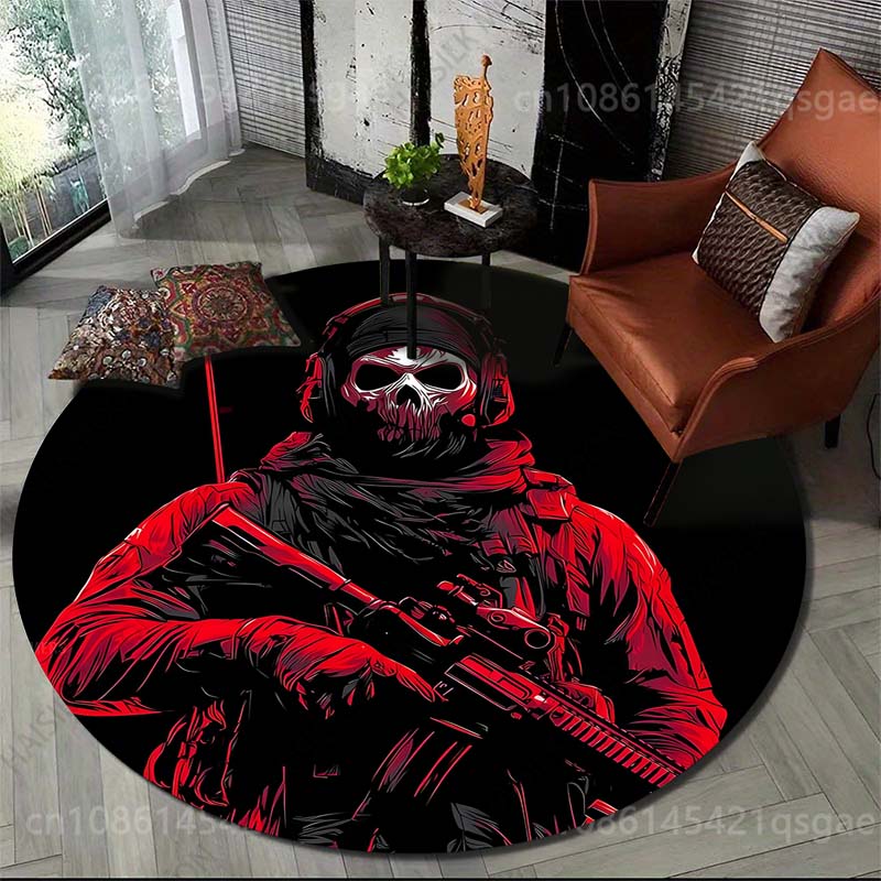 Commercial Printing Images - 複数のサイズ展開、頭蓋骨マスクをかぶった兵士のイメージプリント入り丸型カーペット、リビングルーム、寝室、ソファ、テーブル、フロアマット、エリアラグ、高級ギフト
